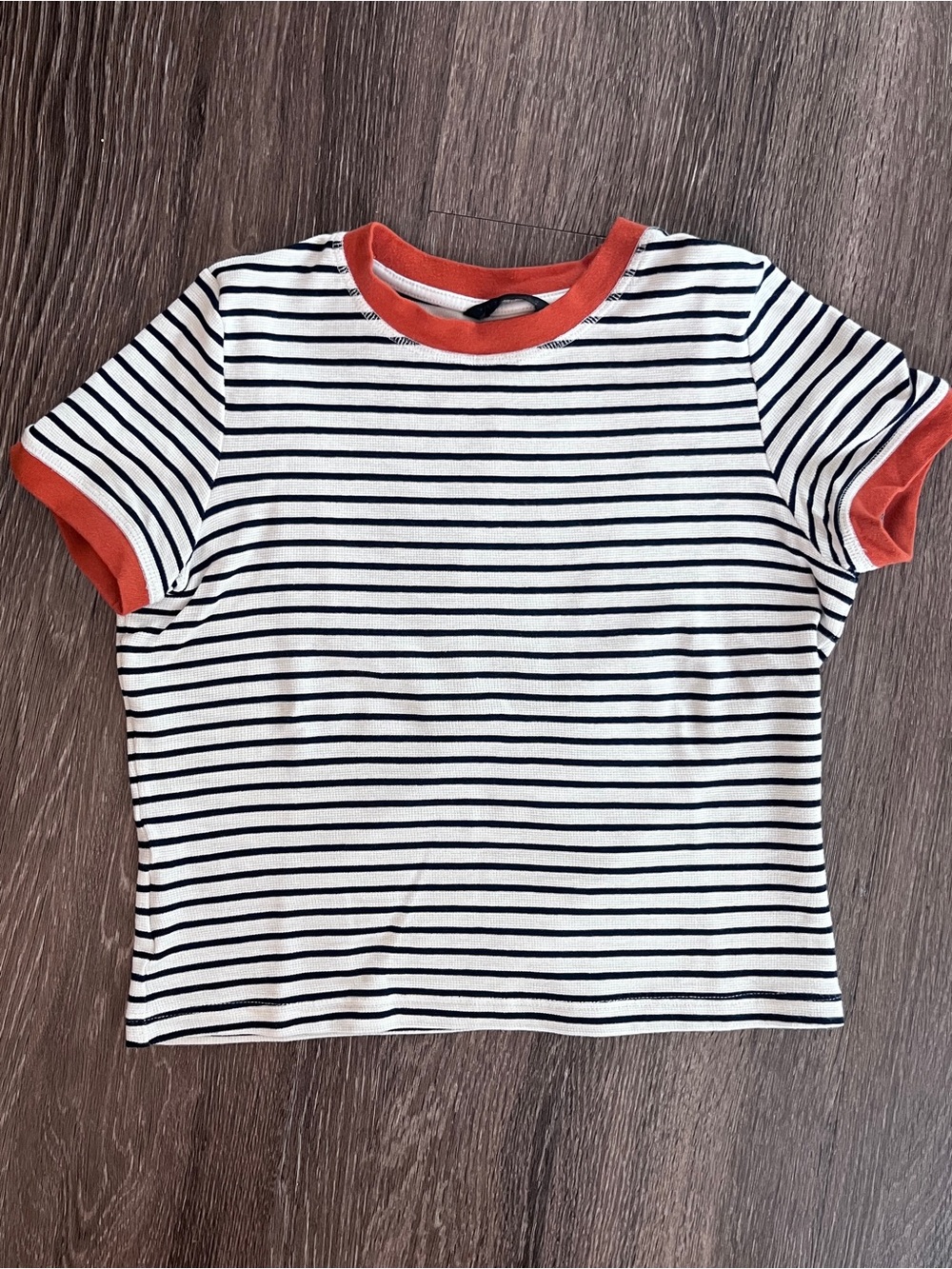 Zara Black & White Striped Tee with Orange Trim